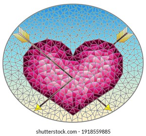 Illustration in stained glass style with an abstract pink heart pierced by arrows on a blue background,oval image
