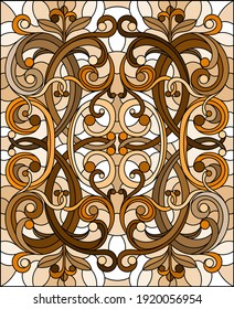 Illustration in the stained glass style with an abstract flower arrangement on a light background, vertical image, monochrome,tone brown 