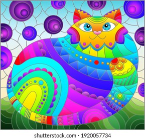 Illustration in stained glass style with abstract cute rainbow cat on a blue background