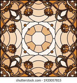 Illustration in the stained glass style with an abstract flower arrangement on a light background, square image, monochrome,tone brown 