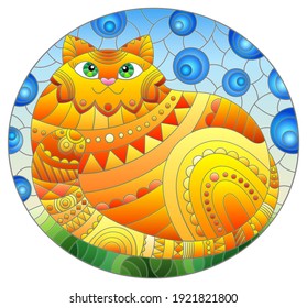 Illustration in stained glass style with abstract cute red cat on a blue background, oval image