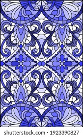 Illustration in stained glass style with abstract flowers, swirls and leaves  on a light background,vertical orientation, tone blue