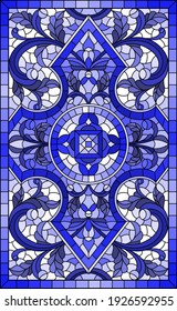 Illustration in stained glass style with abstract flowers, swirls and leaves  on a light background,vertical orientation in a frame, tone blue