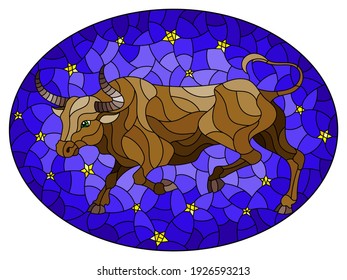 Illustration in stained glass style with an abstract  bull on the background of the night sky and stars, oval image