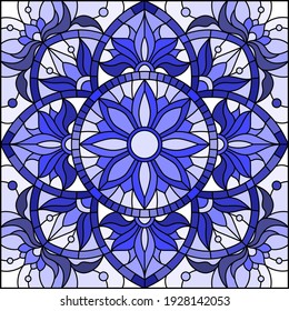 Illustration in stained glass style with abstract flowers, swirls and leaves  on a light background,monochrome,tone blue