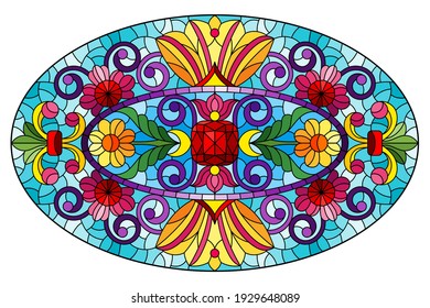 Illustration in stained glass style with abstract flowers, leaves and curls on a blue background, horizontal oval image