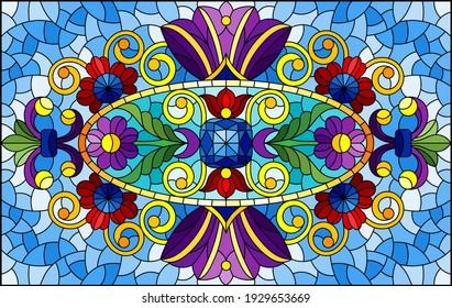 Ilustración en vidrio manchado con flores abstractas, hojas y rizos en un fondo azul, imagen horizontal rectangular