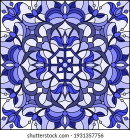 Illustration in stained glass style with abstract flowers, swirls and leaves  on a light background,monochrome,tone blue