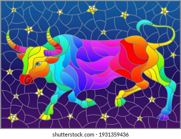 Illustration in stained glass style with an abstract rainbow bull on the background of the night sky and stars