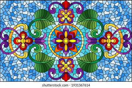 Illustration in stained glass style with abstract flowers, leaves and curls on a blue background, rectangular horizontal image