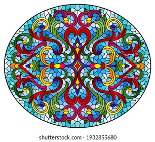 Illustration in stained glass style with abstract flowers, leaves and curls on a blue background, horizontal oval image