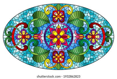 Illustration in stained glass style with abstract flowers, leaves and curls on a blue background,  horizontal oval image