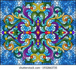 Illustration in stained glass style with abstract flowers, leaves and curls on a blue background, rectangular horizontal image