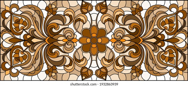 Illustration in stained glass style with abstract flowers, swirls and leaves  on a light background,horizontal orientation, sepia