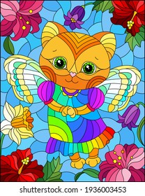 Illustration in a stained glass style with an abstract fairy cat, against a background of bright flowers and a blue sky