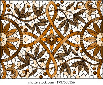 Illustration in stained glass style with abstract flowers, swirls and leaves  on a light background,horizontal orientation, sepia
