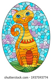 Illustration in stained glass style with abstract cute red cat on a blue background, oval image