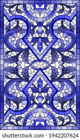 Illustration in stained glass style with abstract flowers, swirls and leaves  on a light background,vertical orientation in a frame, tone blue