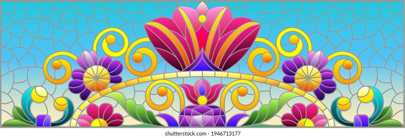 Illustration in stained glass style with abstract flowers, leaves and curls on a blue background, rectangular horizontal image