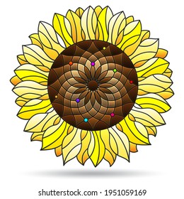 Illustration in stained glass style with abstract sunflower flower, flower isolated on white background