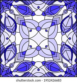 Illustration in stained glass style with abstract  swirls and leaves  on a light background,square orientation, tone blue