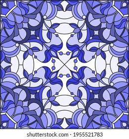 Illustration in stained glass style with abstract  swirls and leaves  on a light background,square orientation, tone blue