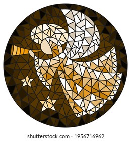 Illustration in stained glass style with an abstract angel in a robe blowing pipe , round picture, monochrome,tone brown