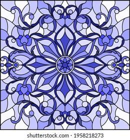 Illustration in stained glass style with abstract flowers, swirls and leaves  on a light background,monochrome,tone blue