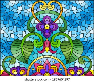 Illustration in stained glass style with abstract flowers, leaves and curls on a blue background, rectangular horizontal image