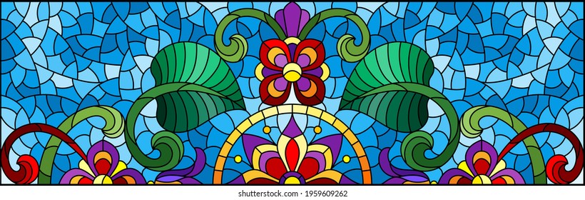 Illustration in stained glass style with abstract flowers, leaves and curls on a blue background, rectangular horizontal image