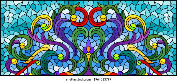 Illustration in stained glass style with abstract flowers, leaves and curls on a blue background, rectangular horizontal image