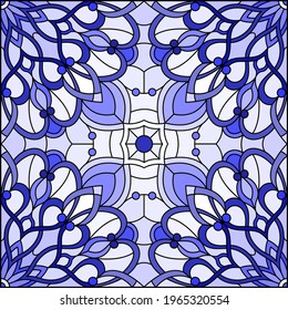 Illustration in stained glass style with abstract flowers, swirls and leaves  on a light background,monochrome,tone blue