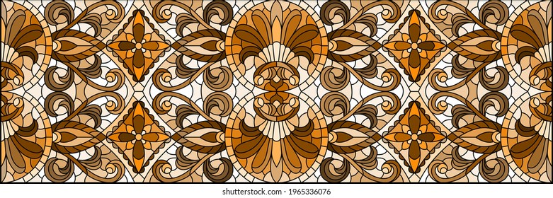 Illustration in stained glass style with abstract flowers, swirls and leaves  on a light background,horizontal orientation, sepia