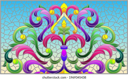 Illustration in stained glass style with abstract flowers, leaves and curls on a blue background, rectangular horizontal image