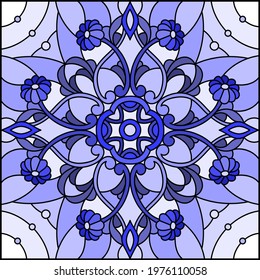 Illustration in stained glass style with abstract  swirls and leaves  on a light background,square orientation, tone blue