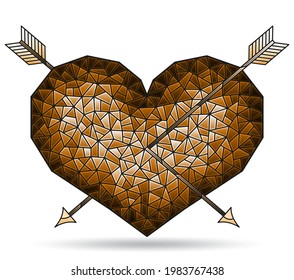 Illustration in stained glass style with abstract brown heart with arrows, figure isolated on white background