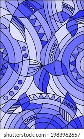 Illustration in stained glass style with abstract  butterflies on a blue background, rectangular image, tone blue