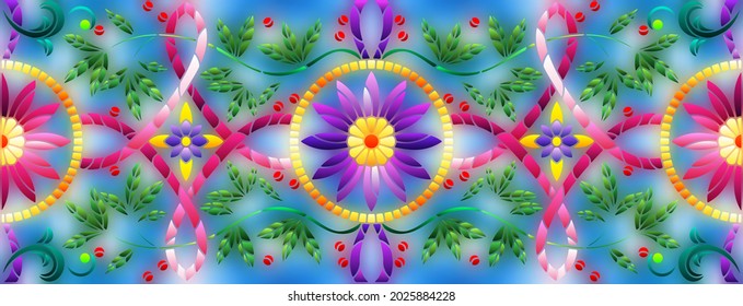 Illustration in stained glass style with abstract flowers, leaves and curls on a blue background, rectangular horizontal image