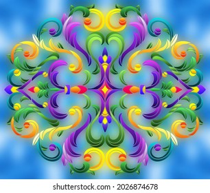 Illustration in stained glass style with abstract flowers, leaves and curls on a blue background, rectangular horizontal image