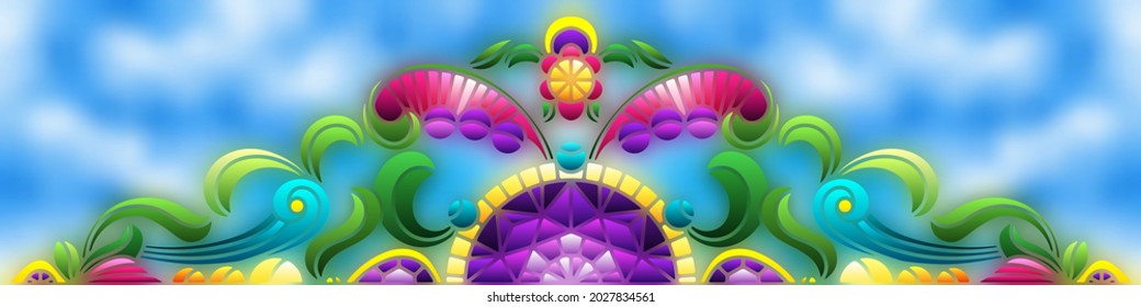 Illustration in stained glass style with abstract flowers, leaves and curls on a blue background, rectangular horizontal image