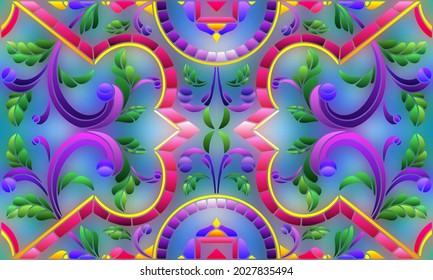 Illustration in stained glass style with abstract flowers, leaves and curls on a blue background, rectangular horizontal image