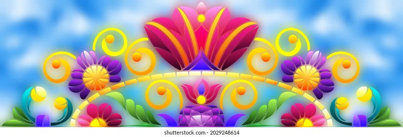 Illustration in stained glass style with abstract flowers, leaves and curls on a blue background, rectangular horizontal image