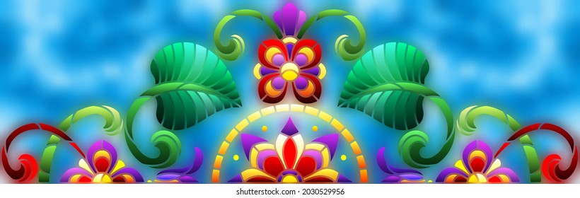 Illustration in stained glass style with abstract flowers, leaves and curls on a blue background, rectangular horizontal image