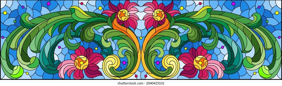 Illustration in stained glass style with abstract flowers, leaves and curls on a blue background, rectangular horizontal image