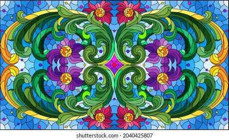 Illustration in stained glass style with abstract flowers, leaves and curls on a blue background, rectangular horizontal image