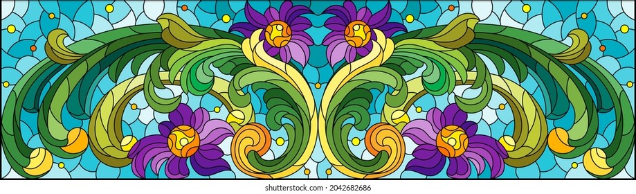 Illustration in stained glass style with abstract flowers, leaves and curls on a blue background, rectangular horizontal image