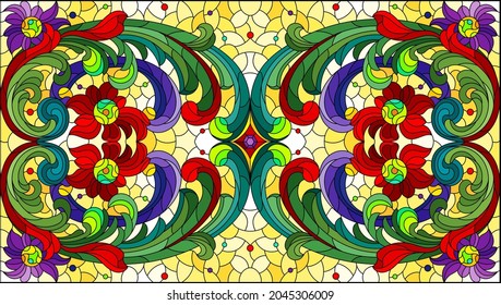 Illustration in stained glass style with abstract flowers, leaves and curls on a yellow background, rectangular horizontal image