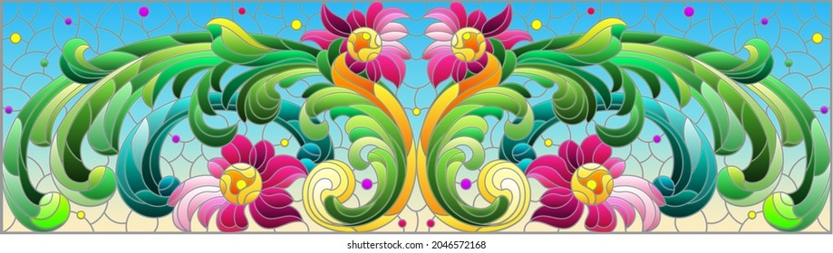 Illustration in stained glass style with abstract flowers, leaves and curls on a blue background, rectangular horizontal image