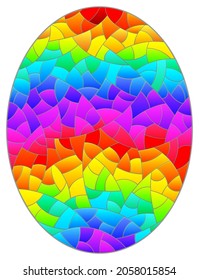 Illustration in stained glass style with abstract bright rainbow background, oval image
