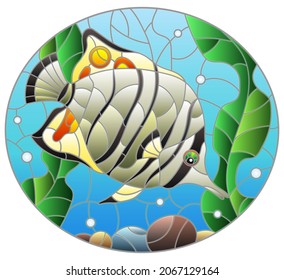 Illustration in stained glass style with an abstract  butterfly fish on a background of algae, air bubbles and water, oval image
